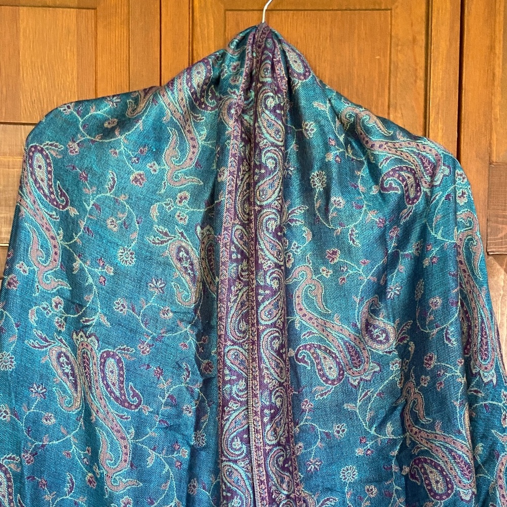 Paisley Print Scarf/Wrap With Gold Fringe ~ Teal, Purple and Brown - Picture 3 of 9